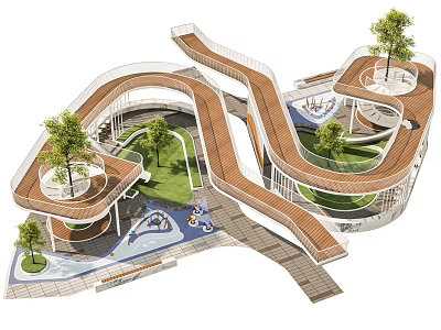 Modern Park Landscape With Winding Pathways Wooden Platforms Trees And Play Areas 3d model