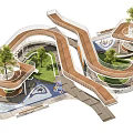 Modern Park Landscape With Winding Pathways Wooden Platforms Trees And Play Areas