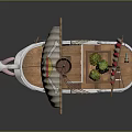 Cartoon Style Pirate Ship with Skull Design Sails Colorful Flags Green Plants and Decorative Bow