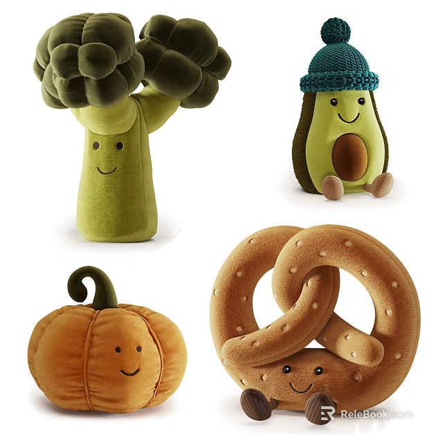 Stuffed Vegetable and Snack Plush Toys with Smiling Faces Broccoli Avocado Pumpkin Pretzel Designs 3d model 