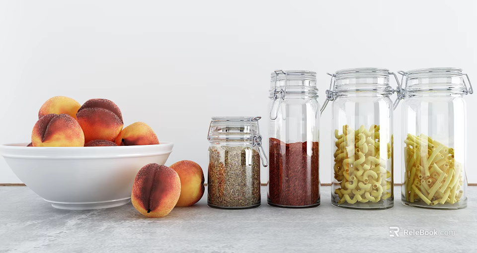 Airtight Glass Spice Jars Holding Spices on Kitchen Countertop by Fresh Peaches in White Bowl 3d model 