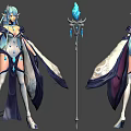 Game and Movie Elf Character With Blue Hair Crystal Staff And Decorative Robe