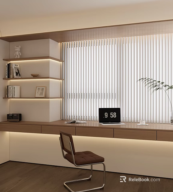Modern Study Room Interior With Bookshelves White Blinds Laptop And Plant 3d model 