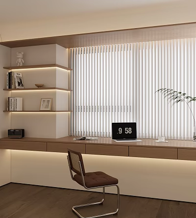 Modern Study Room Interior With Bookshelves White Blinds Laptop And Plant 3d model