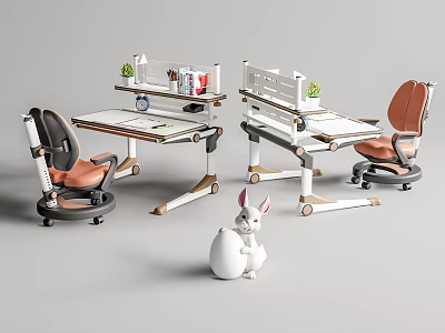 Modern Adjustable Desk With Ergonomic Chair Green Plant And Shelf Interior 3d model