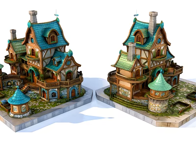 Fairy Tale Style Small Houses With Blue Green Roofs And Towered Balconies 3d model