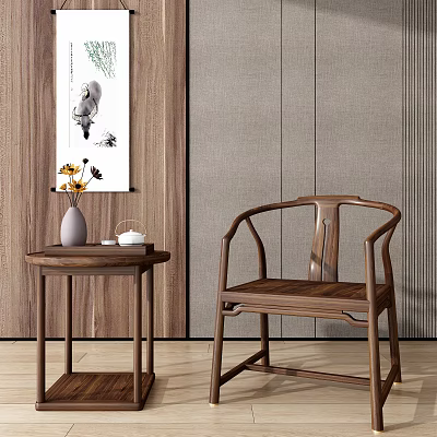 Wooden Chinese Style Leisure Chair With Side Table Vase And Tea Set In Room 3d model