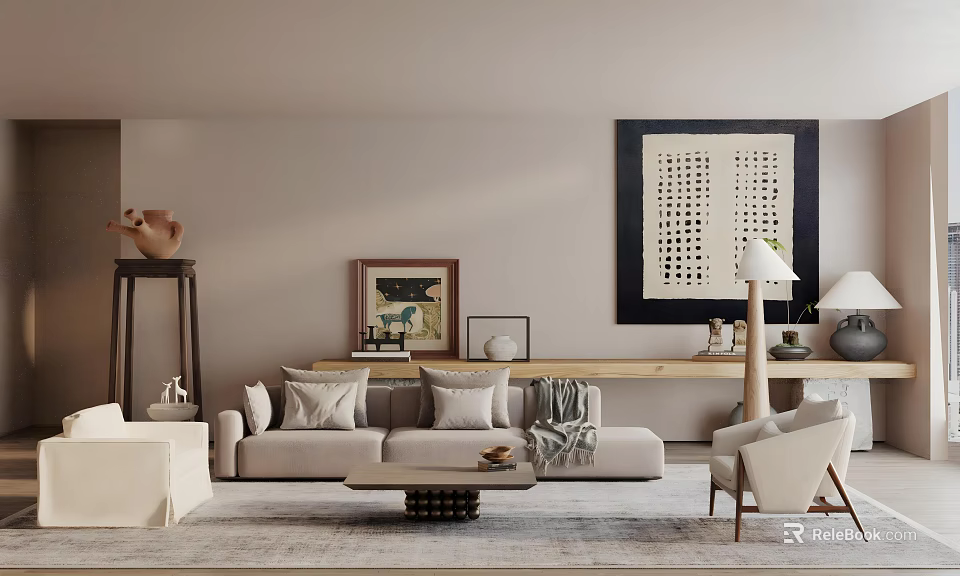 Warm Living Dining Room Interior With Neutral Tones Sofa And Wall Art Decor 3d model 
