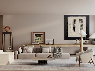 Warm Living Dining Room Interior With Neutral Tones Sofa And Wall Art Decor 3d model