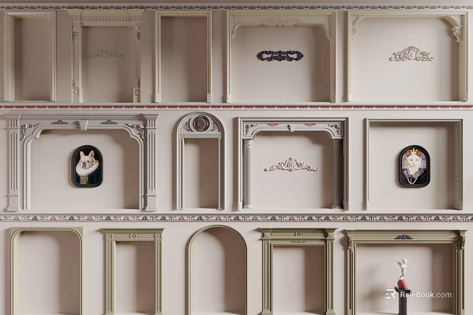 Ornate Arched Doorways with Intricate Moldings on Beige Interior Walls 3d model 