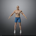 Muscular Bald Man In Blue Shorts And White Shoes Standing On Gray Background