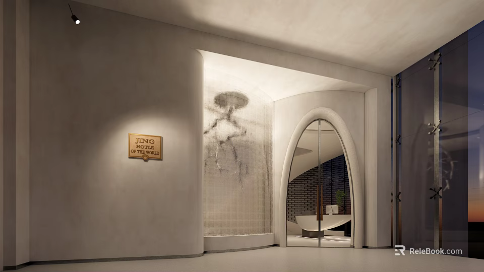 Modern Minimalist Storefront With Light Colored Walls Arched Glass Door Golden Signboard And Marble Texture 3d model 