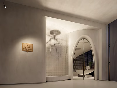 Modern Minimalist Storefront With Light Colored Walls Arched Glass Door Golden Signboard And Marble Texture 3d model