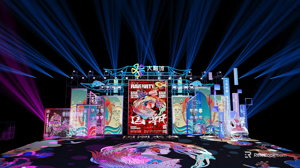 Vibrant Funfair Stage With Colorful Decorations Blue Light Beams And Artistic Designs 3d model 