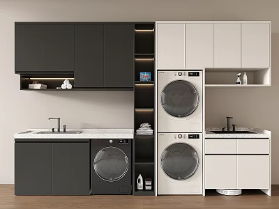 Modern Laundry Room Interior With Washer Dryer Black White Cabinets And Countertop 3d model