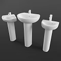 Three White Pedestal Washbasins With Grid Texture And Modern Faucets