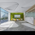 Modern Reception Area With Marble Front Desk Green Plant Wall Large Windows And Yellow Chairs