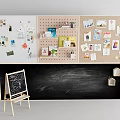 Creative Display Wall with Corkboard Pegboard Blackboard and Easel Showing Photos Notes Supplies
