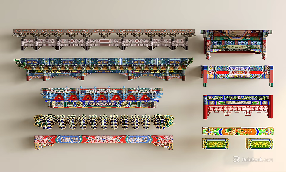Traditional Chinese Architectural Components With Intricate Carvings And Colorful Decorative Details 3d model 