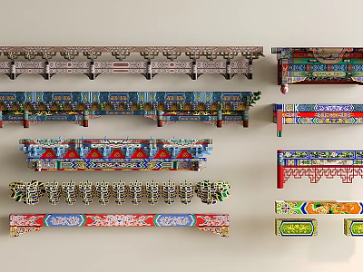Traditional Chinese Architectural Components With Intricate Carvings And Colorful Decorative Details 3d model