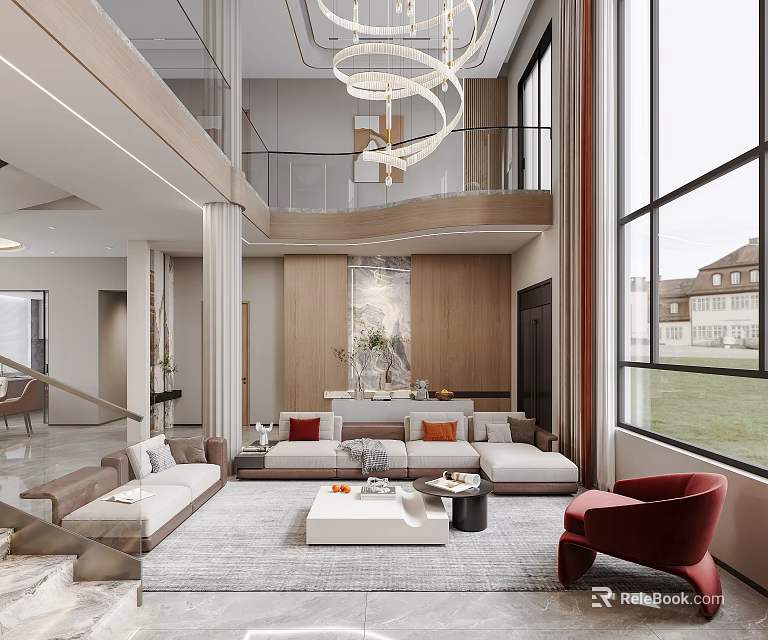 Modern Duplex Living Room Interior With High Ceiling Large Windows And Sofas 3d model