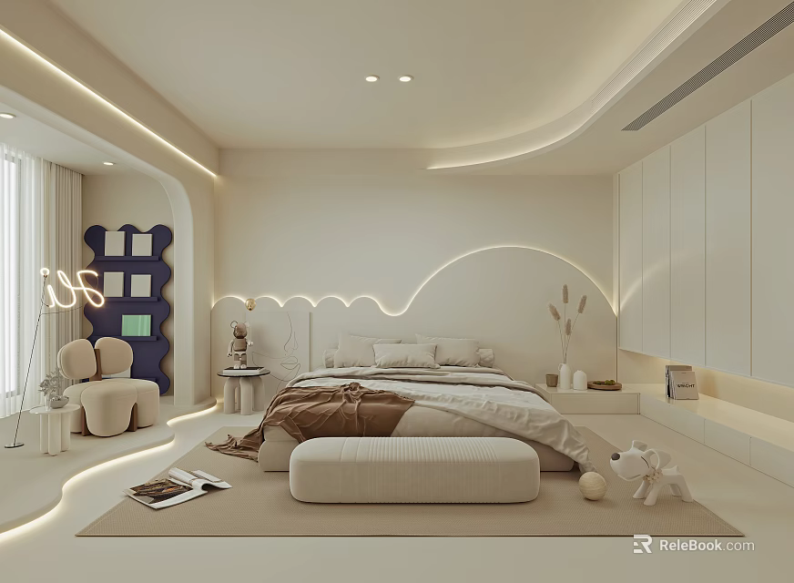 Modern Bedroom Interior With Curved Lighting And White Decor Bedhead Kids Bookshelf And Cozy Seating 3d model 
