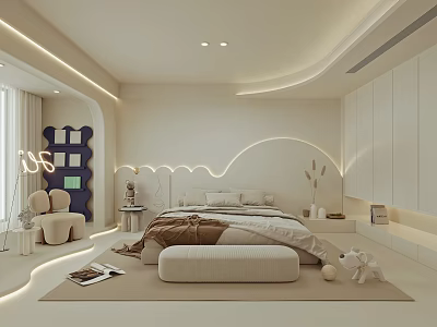 Modern Bedroom Interior With Curved Lighting And White Decor Bedhead Kids Bookshelf And Cozy Seating 3d model