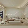 Modern Bedroom Interior With Curved Lighting And White Decor Bedhead Kids Bookshelf And Cozy Seating