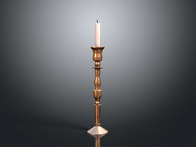 Elegant Brass Candle Holder Stand With Lit White Candle And Detailed Design 3d model