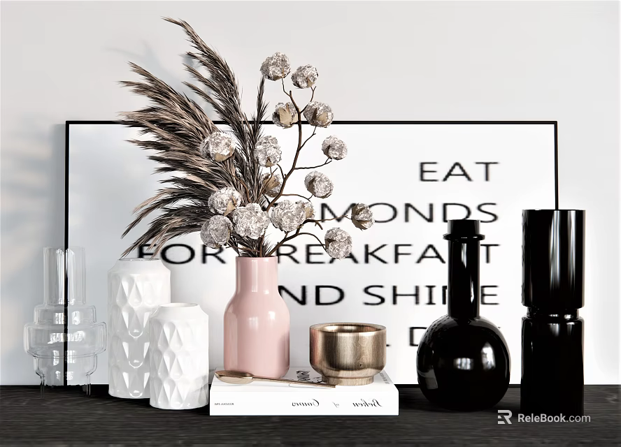 Decorative Ornament Set with Pink Black White Vases Pampas Grass and Gold Accents 3d model 