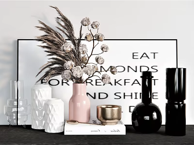 Decorative Ornament Set with Pink Black White Vases Pampas Grass and Gold Accents 3d model