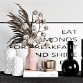 Decorative Ornament Set with Pink Black White Vases Pampas Grass and Gold Accents