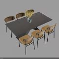 Modern Dark Rectangular Dining Table Set With Six Yellow Chairs And Green Vase 3d model