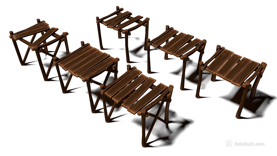 Wooden Landscape Bridge Design With Multiple Structures And Natural Elements 3d model 