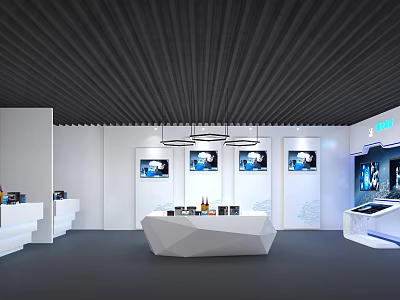 Contemporary Exhibition Space With White Irregular Reception Desk Black Ceiling Wall Artworks And Digital 3d model