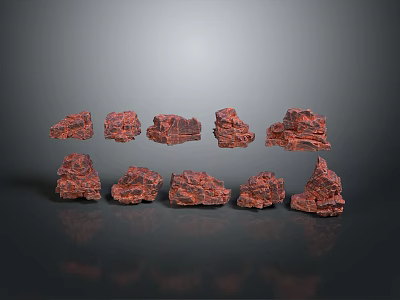 Red Natural Stone Pieces Various Shapes Arranged On Black Background With Reflections 3d model