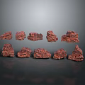 Red Natural Stone Pieces Various Shapes Arranged On Black Background With Reflections