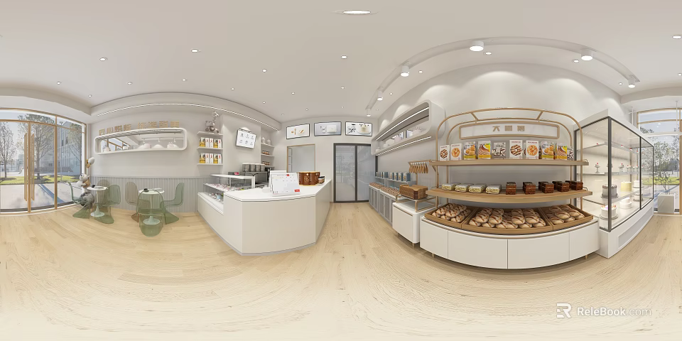 Modern Pastry Shop Interior With Display Shelves Counter And Fresh Baked Goods 3d model 