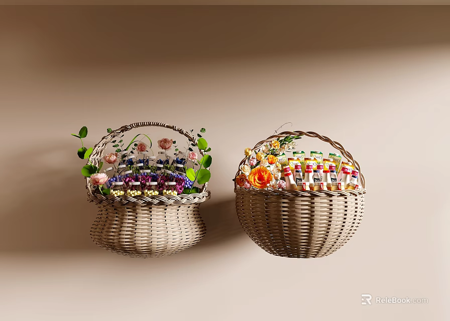 Snack Shop with Hanging Wicker Baskets Filled with Various Snacks and Decorative Green Leaves Flowers 3d model 