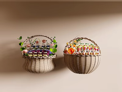 Snack Shop with Hanging Wicker Baskets Filled with Various Snacks and Decorative Green Leaves Flowers 3d model