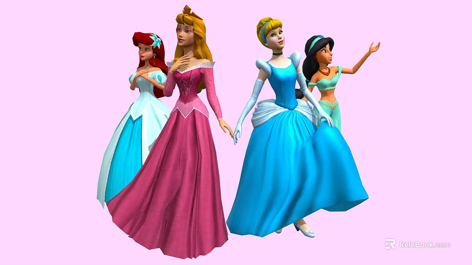 Group of Four Disney Princesses with One Waving in Different Colored Dresses on Pink Background 3d model 