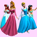 Group of Four Disney Princesses with One Waving in Different Colored Dresses on Pink Background