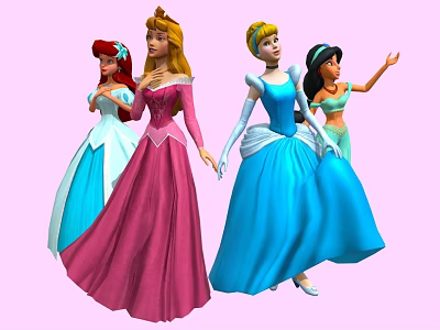 Group of Four Disney Princesses with One Waving in Different Colored Dresses on Pink Background 3d model
