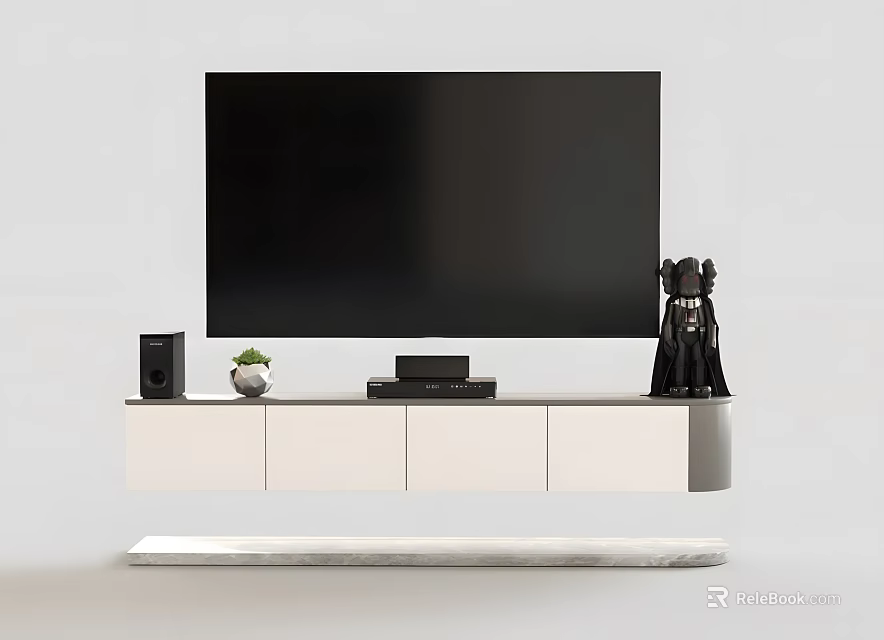 Modern White Floating TV Stand With TV Speakers Small Plant And Decorative Figure 3d model 