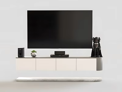 Modern White Floating TV Stand With TV Speakers Small Plant And Decorative Figure 3d model