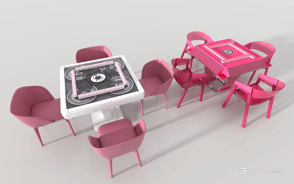 Modern Entertainment Table Set with Pink Chairs and Patterned White Top 3d model 