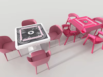 Modern Entertainment Table Set with Pink Chairs and Patterned White Top 3d model