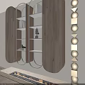 Modern Curved Wooden Bookcase With Open Shelves And Black Metal Frame Decorative Items