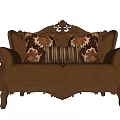 Classic Brown Double Sofa With Carved Wooden Frame And Patterned Pillows 3d model