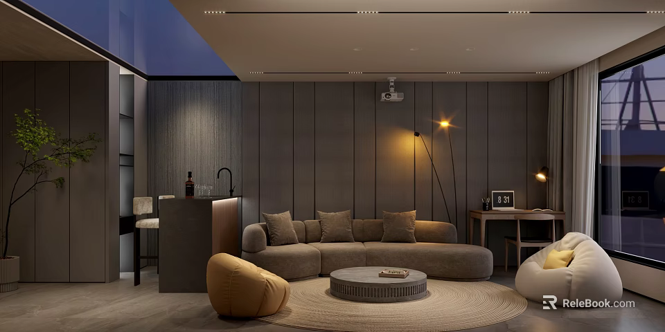 Modern Home Theater Room Interior With Gray Sofa Projector Floor Lamp And Round Coffee Table 3d model 